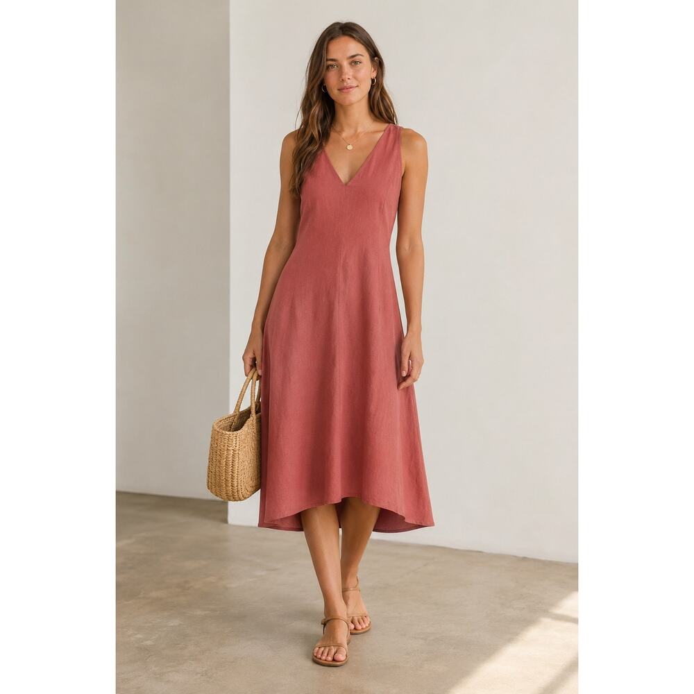 Theory Rose-Rust V-Neck High-Low Linen Dress